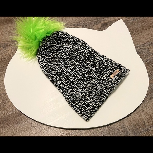 Fun homemade cat lady winter hat. Black & white slouchy knit beanie. Neon Pom - Picture 6 of 6